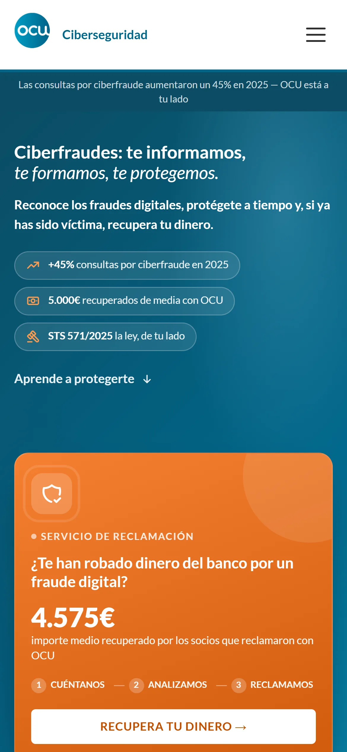 La página de ciberseguridad de OCU en el móvil.